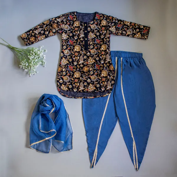 Blue_Velvet_Fabric_Intricate_Embroidered_Navy_Blue_High_Low_Kurti_And_Tulip_Dhoti_With_Matching_Gota_Lace_Work_Dupatta
