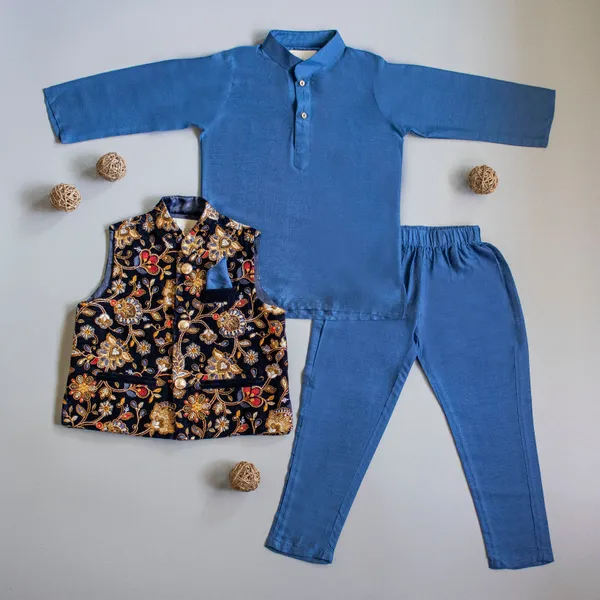 Blue_Cotton_Silk_Ethnic_Kurta_With_Navy_Blue_Pocket_Square_Velvet_Jacket_And_Pyjama