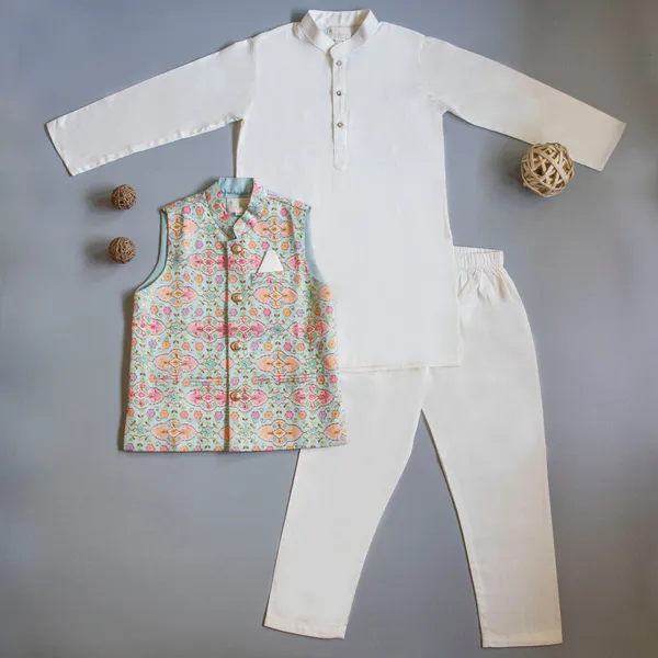 Blue_Cotton_Silk_Floral_Printed_Thread_Work_Blue_Jacket_With_Cream_Kurta_And_Pyjama