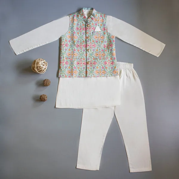Blue_Cotton_Silk_Floral_Printed_Thread_Work_Blue_Jacket_With_Cream_Kurta_And_Pyjama