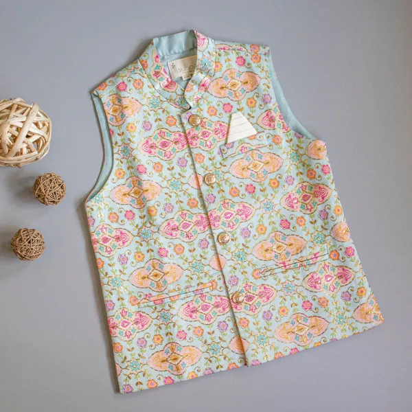 Blue_Cotton_Silk_Floral_Printed_Thread_Work_Blue_Jacket_With_Cream_Kurta_And_Pyjama