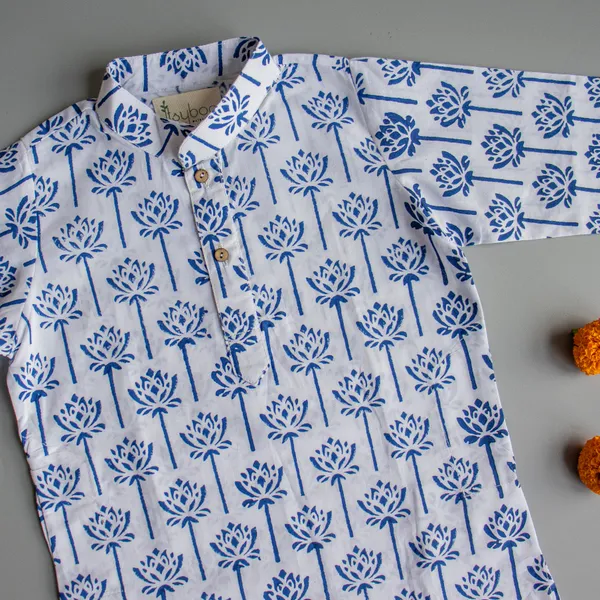 Blue_Cotton_Silk_Blue_Lotus_Block_Print_Kurta_Pyjama