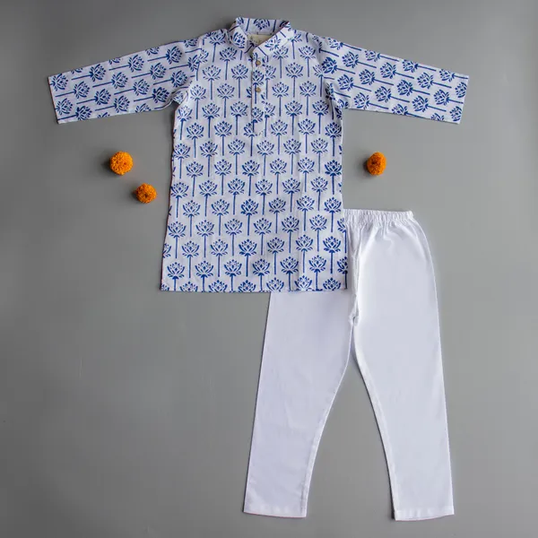 Blue_Cotton_Silk_Blue_Lotus_Block_Print_Kurta_Pyjama