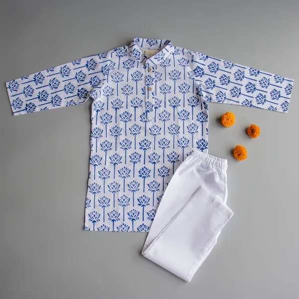 Blue_Cotton_Silk_Blue_Lotus_Block_Print_Kurta_Pyjama