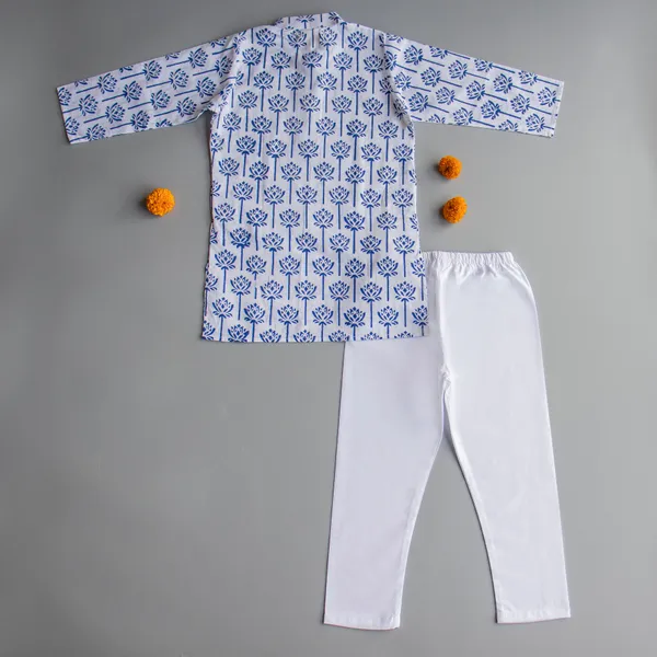 Blue_Cotton_Silk_Blue_Lotus_Block_Print_Kurta_Pyjama
