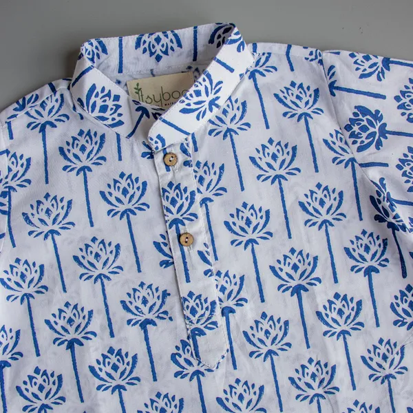 Blue_Cotton_Silk_Blue_Lotus_Block_Print_Kurta_Pyjama