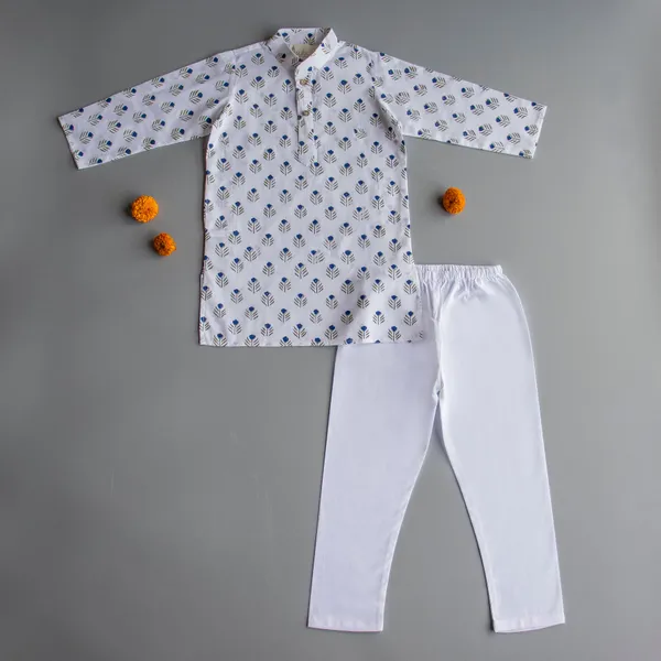 Blue_Cotton_Silk_Blue_Floral_Block_Print_Kurta_Pyjama