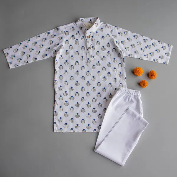 Blue_Cotton_Silk_Blue_Floral_Block_Print_Kurta_Pyjama