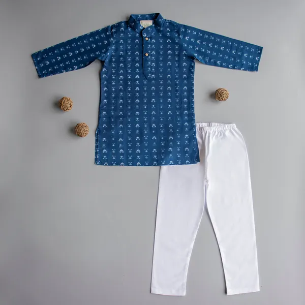 Blue_Cotton_Silk_Blue_Block_Print_Kurta_Pyjama_(Small_Lotus)