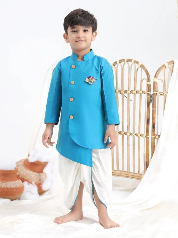 Blue_Cotton_Silk_Blue_Dupion_Silk_Kurta_With_Dhoti_Pants