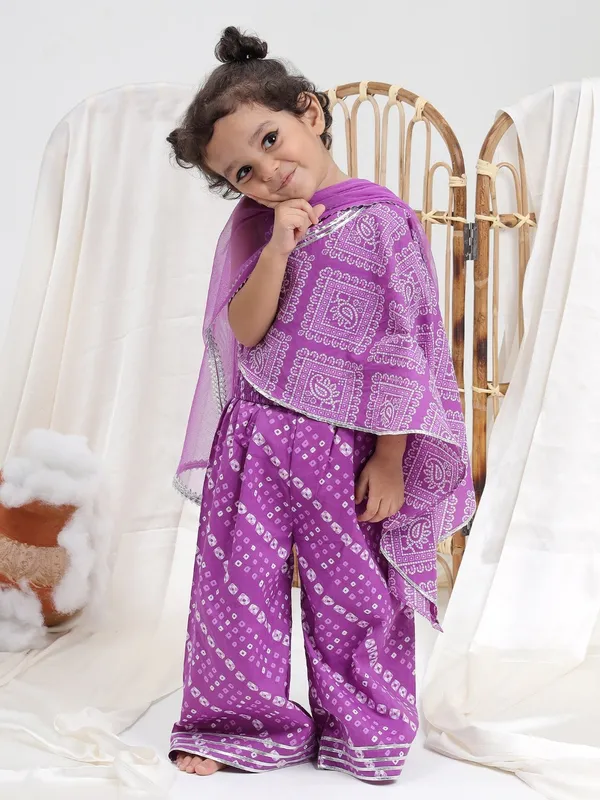 Purple_Georgette_Fabric_Girls_Bandhani_Printed_Pure_Cotton_Asymmetric_Top_With_Palazzos_&_Dupatta