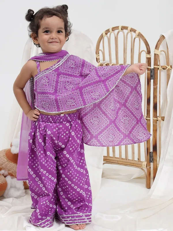Purple_Georgette_Fabric_Girls_Bandhani_Printed_Pure_Cotton_Asymmetric_Top_With_Palazzos_&_Dupatta
