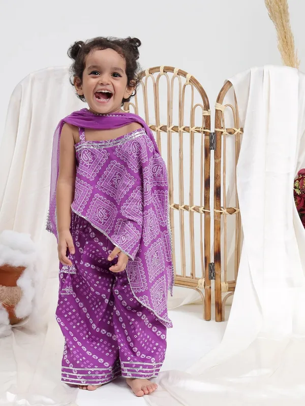 Purple_Georgette_Fabric_Girls_Bandhani_Printed_Pure_Cotton_Asymmetric_Top_With_Palazzos_&_Dupatta