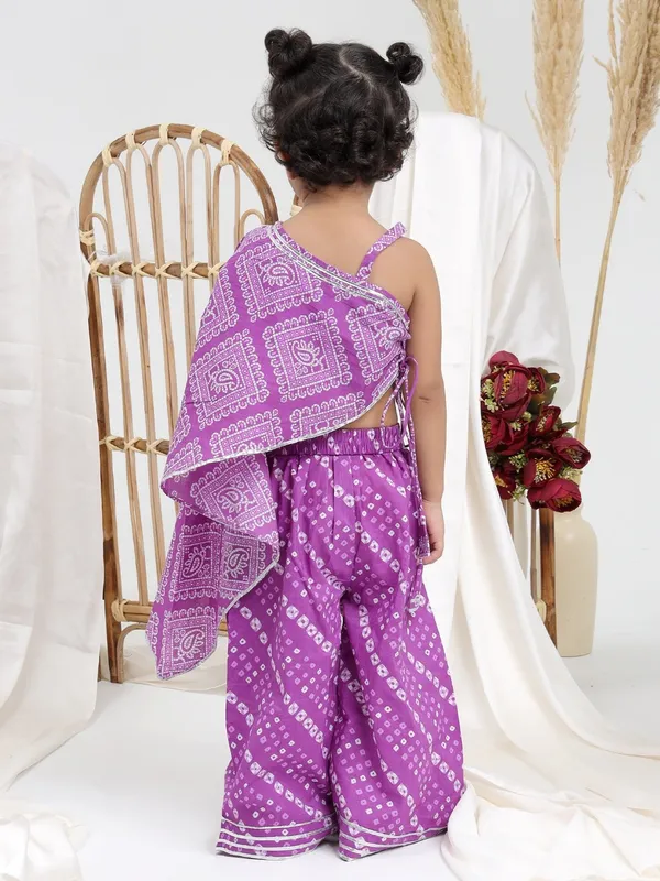 Purple_Georgette_Fabric_Girls_Bandhani_Printed_Pure_Cotton_Asymmetric_Top_With_Palazzos_&_Dupatta