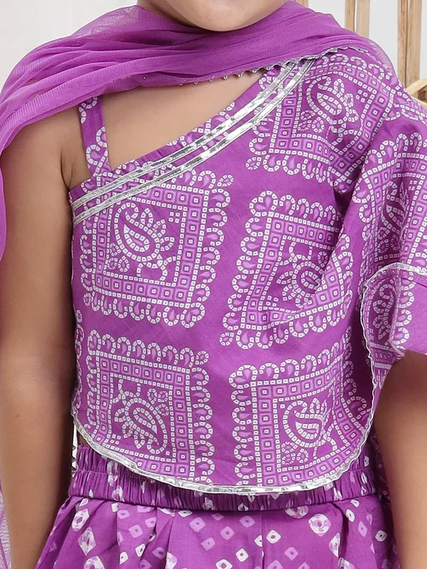 Purple_Georgette_Fabric_Girls_Bandhani_Printed_Pure_Cotton_Asymmetric_Top_With_Palazzos_&_Dupatta