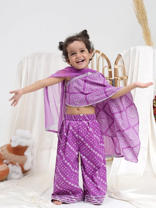 Purple_Georgette_Fabric_Girls_Bandhani_Printed_Pure_Cotton_Asymmetric_Top_With_Palazzos_&_Dupatta