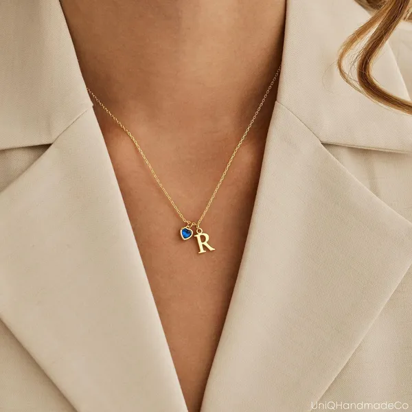 Multicolor_Metal_Dainty_Initial_Necklace_With_Heart_Birthstone_For_Gifting