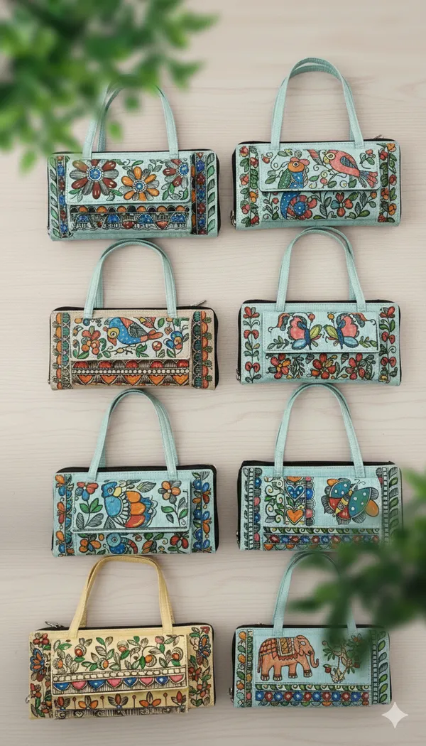 Multicolor_Khadi_Cotton_&_Fine_Jute_Purse_With_Mithila_Painting_For_Women