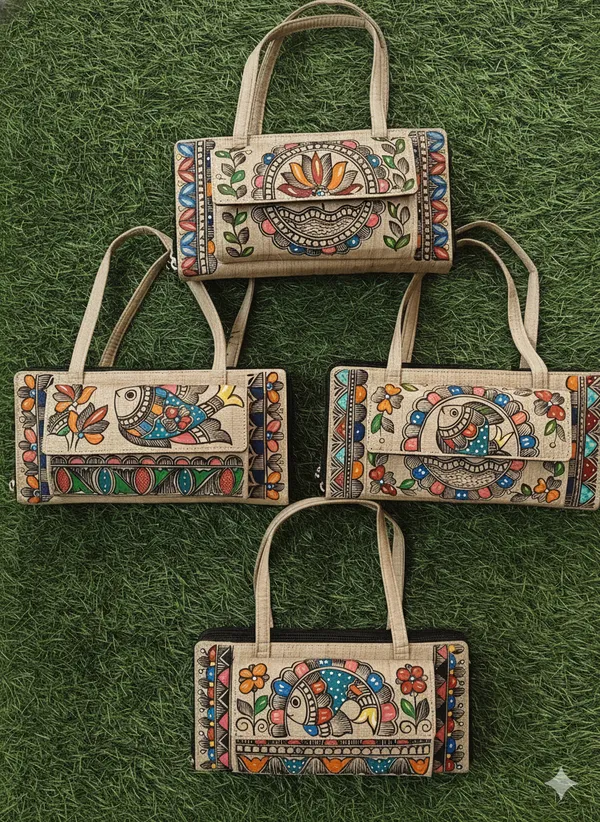 Multicolor_Khadi_Cotton_&_Fine_Jute_Purse_With_Mithila_Painting_For_Women