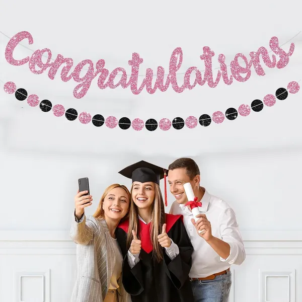 Black_Congratulations_Banner_|_Pink_Glitter_With_Black_&_Pink_Circle_Garland_|_Graduation,_Engagement,_Retirement,_And_Achievement_Party_Decoration_|_Pre-Strung_&_Reusable_Glitter_Garland