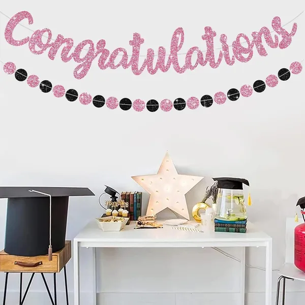 Black_Congratulations_Banner_|_Pink_Glitter_With_Black_&_Pink_Circle_Garland_|_Graduation,_Engagement,_Retirement,_And_Achievement_Party_Decoration_|_Pre-Strung_&_Reusable_Glitter_Garland