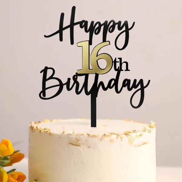 Black_Happy_16Th_Birthday_Cake_Topper_|_Double-Sided_Acrylic_Cake_Decoration_In_Black_&_Mirrored_Gold_|_Elegant_Sixteenth_Birthday_Party_Cake_Topper_For_Girls_&_Boys