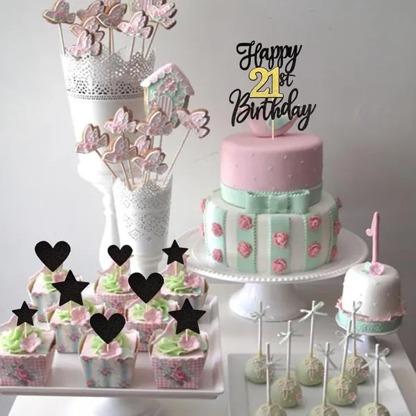 Black_Triflearte'_Pack_Of_11_Â€“_21St_Birthday_Cake_Decorations_Black_&_Gold_Glitter_|_Fabulous_Cake_Topper_With_Star_&_Heart_Picks_|_Cheers_To_21_Years_Cake_Dã©Cor_Set_For_Birthday_&_Anniversary_Party