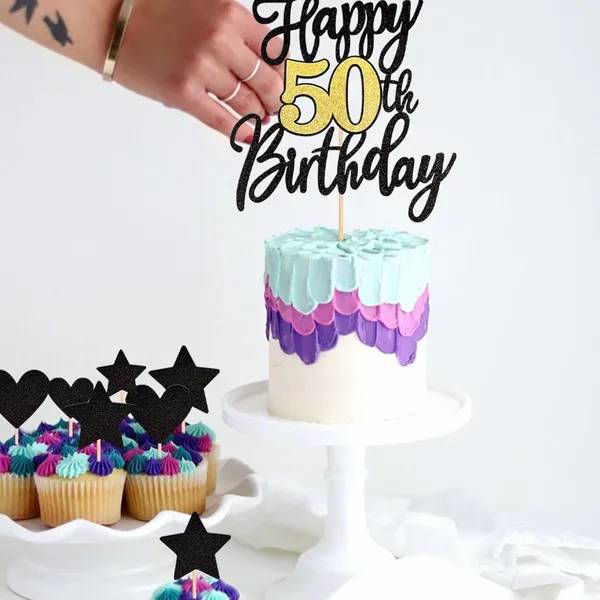 Black_Triflearte'_Pack_Of_11_Â€“_50Th_Birthday_Cake_Decorations_Black_&_Gold_Glitter_|_Fabulous_Cake_Topper_With_Star_&_Heart_Picks_|_Cheers_To_50_Years_Cake_Dã©Cor_Set_For_Birthday_&_Anniversary_Party