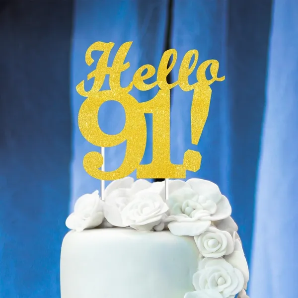 Gold_Hello_91_Cake_Topper_|_Gold_Glitter_Birthday_Cake_Topper_For_Women_&_Men_|_Elegant_91St_Celebration_Decoration_For_Milestone_Parties_|_Reusable_Cake_Decor