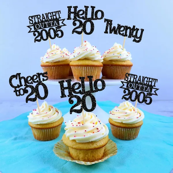 Multicollor_24Pcs_Happy_20Th_Birthday_Cupcake_Toppers_|_Cheers_To_20_Years_Glitter_Cupcake_Picks_|_Straight_Outta_2005_Cake_Decorations_|_20Th_Birthday_Or_Anniversary_Party_Supplies_Â€“_Black