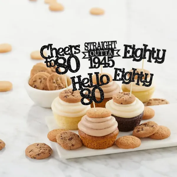 Multicollor_24Pcs_Happy_80Th_Birthday_Cupcake_Toppers_|_Cheers_To_80_Years_Glitter_Cupcake_Picks_|_Straight_Outta_1945_Cake_Decorations_|_80Th_Birthday_Or_Anniversary_Party_Supplies_Â€“_Black