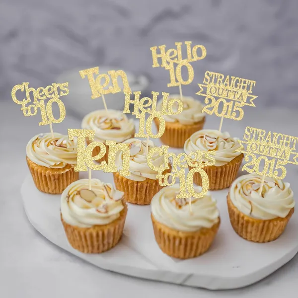Gold_24Pcs_Happy_10Th_Birthday_Cupcake_Toppers_|_Cheers_To_10_Years_Glitter_Cupcake_Picks_|_Straight_Outta_2015_Cake_Decorations_|_10Th_Birthday_Or_Anniversary_Party_Supplies_Â€“_Gold