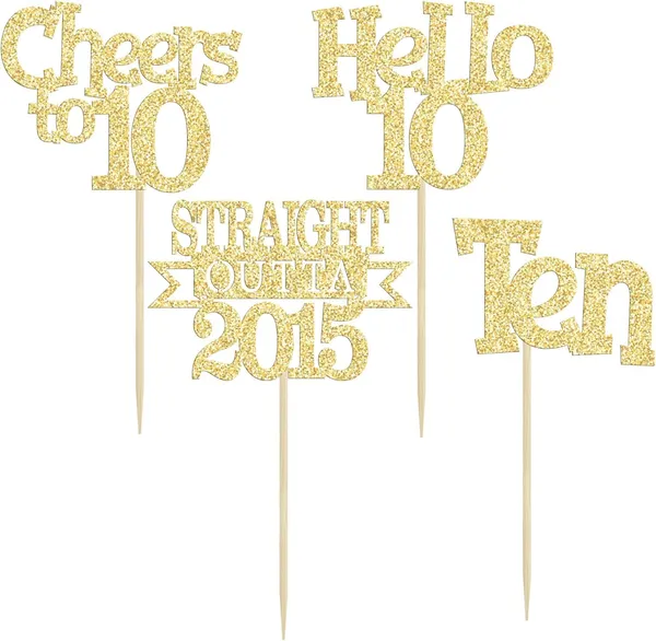 Gold_24Pcs_Happy_10Th_Birthday_Cupcake_Toppers_|_Cheers_To_10_Years_Glitter_Cupcake_Picks_|_Straight_Outta_2015_Cake_Decorations_|_10Th_Birthday_Or_Anniversary_Party_Supplies_Â€“_Gold