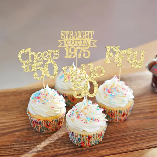 Gold_24Pcs_Happy_50Th_Birthday_Cupcake_Toppers_|_Cheers_To_50_Years_Glitter_Cupcake_Picks_|_Straight_Outta_1975_Cake_Decorations_|_50Th_Birthday_Or_Anniversary_Party_Supplies_Â€“_Gold