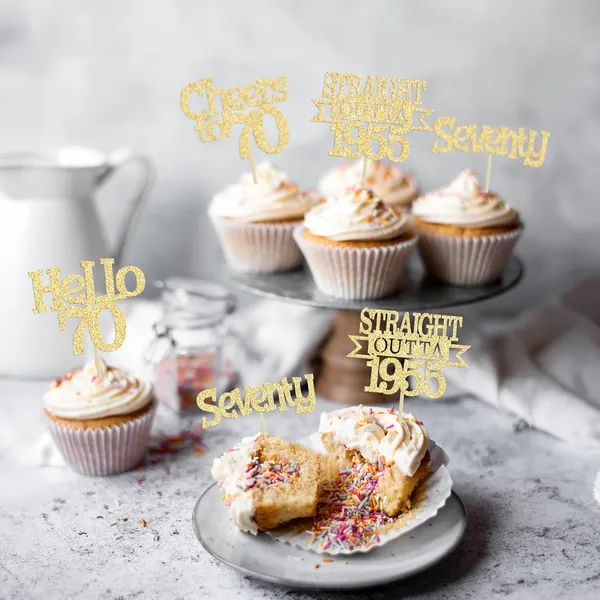Gold_24Pcs_Happy_70Th_Birthday_Cupcake_Toppers_|_Cheers_To_70_Years_Glitter_Cupcake_Picks_|_Straight_Outta_1955_Cake_Decorations_|_70Th_Birthday_Or_Anniversary_Party_Supplies_Â€“_Gold