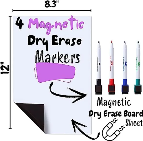 Multicollor_12"_X_8"_Magnetic_Dry_Erase_Whiteboard_|_Magnetic_Dry_Erase_Board_Sheet_With_4_Dry_Erase_Markers_|_Magnetic_Whiteboard_For_Fridge_|_Message_Board_For_Kitchen
