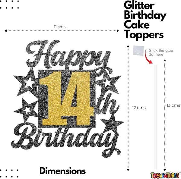 Black_Happy_14Th_Birthday_Cake_Topper_|_Black_&_Gold_Glitter_Cake_Decoration_For_Boys,_Girls,_Men_&_Women_|_Reusable_Party_Supplies_For_All_Age_Birthday_Celebration