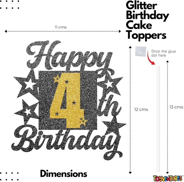 Black_Happy_4Th_Birthday_Cake_Topper_|_Black_&_Gold_Glitter_Cake_Decoration_For_Boys,_Girls,_Men_&_Women_|_Reusable_Party_Supplies_For_All_Age_Birthday_Celebration