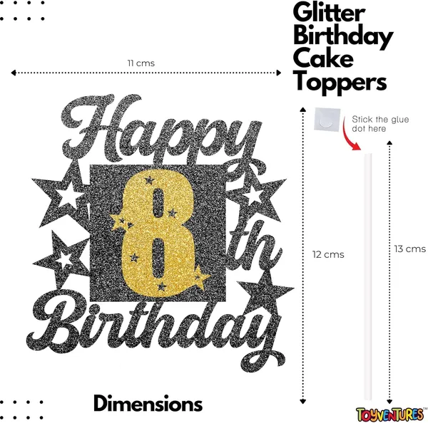 Black_Happy_8Th_Birthday_Cake_Topper_|_Black_&_Gold_Glitter_Cake_Decoration_For_Boys,_Girls,_Men_&_Women_|_Reusable_Party_Supplies_For_All_Age_Birthday_Celebration