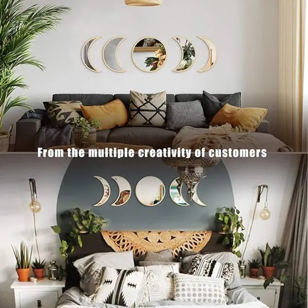 Multicollor_5_Piece_Moon_Phase_Mirror_Set_|_Natural_Acrylic_Wall_Decor_|_Self-Adhesive_Bohemian_Home_Decor_Mirror_|_For_Home/Living_Room/Bedroom_Decor_|_Black