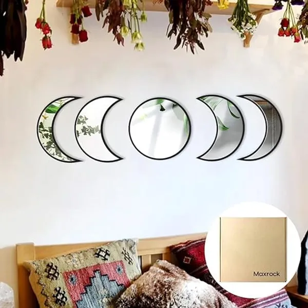 Multicollor_5_Piece_Moon_Phase_Mirror_Set_|_Natural_Acrylic_Wall_Decor_|_Self-Adhesive_Bohemian_Home_Decor_Mirror_|_For_Home/Living_Room/Bedroom_Decor_|_Black