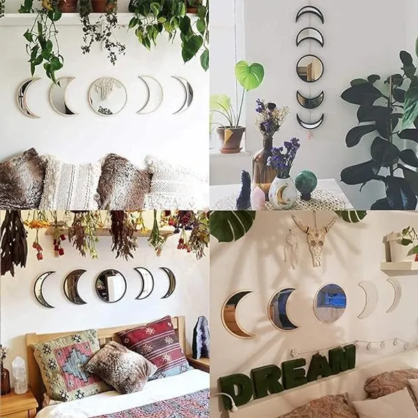 Multicollor_5_Piece_Moon_Phase_Mirror_Set_|_Natural_Acrylic_Wall_Decor_|_Self-Adhesive_Bohemian_Home_Decor_Mirror_|_For_Home/Living_Room/Bedroom_Decor_|_Black