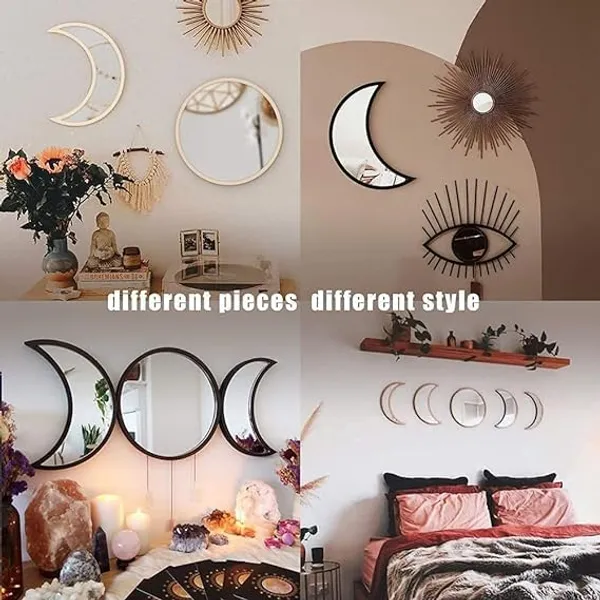 Multicollor_5_Piece_Moon_Phase_Mirror_Set_|_Natural_Acrylic_Wall_Decor_|_Self-Adhesive_Bohemian_Home_Decor_Mirror_|_For_Home/Living_Room/Bedroom_Decor_|_Black