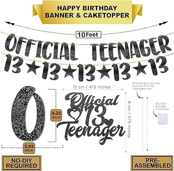 Black_13Th_Birthday_Decorations_|_“Official_Teenager”_Glitter_Banner_And_Cake_Topper_With_13_Number_Garland_&_Black_&_Golden_Balloons_|_13_Years_Decoration_Set_For_Boys_&_Girls