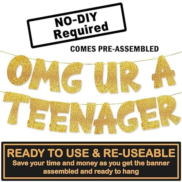 Gold_Omg_Ur_A_Teenager_Birthday_Decorations_Set_|_Gold_Glitter_Banner_With_Cake_Topper_|_13Th_Birthday_Party_Supplies_For_Boys_&_Girls_|_Pre-Strung_Garland_&_Cake_Decoration