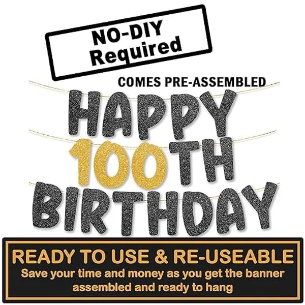 Black_Happy_100Th_Birthday_Banner_|_Black_&_Gold_Glitter_Birthday_Garland_|_Suitable_For_Girls_And_Boys_|_8_Feet_Pre-Assembled_Party_Banner_No_Diy_|_Party_Decoration