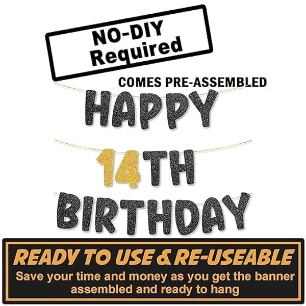 Black_Happy_14Th_Birthday_Banner_|_Black_&_Gold_Glitter_Birthday_Garland_|_Suitable_For_Girls_And_Boys_|_8_Feet_Pre-Assembled_Party_Banner_No_Diy_|_Party_Decoration