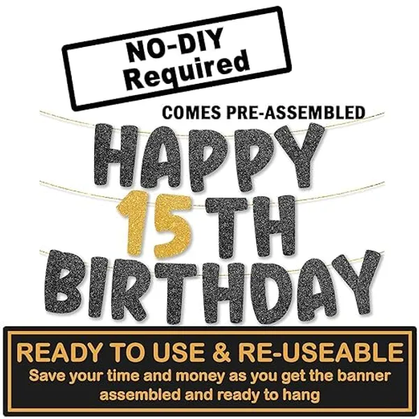 Black_Happy_15Th_Birthday_Banner_|_Black_&_Gold_Glitter_Birthday_Garland_|_Suitable_For_Girls_And_Boys_|_8_Feet_Pre-Assembled_Party_Banner_No_Diy_|_Party_Decoration