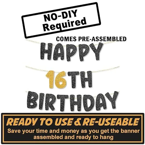 Black_Happy_16Th_Birthday_Banner_|_Black_&_Gold_Glitter_Birthday_Garland_|_Suitable_For_Girls_And_Boys_|_8_Feet_Pre-Assembled_Party_Banner_No_Diy_|_Party_Decoration
