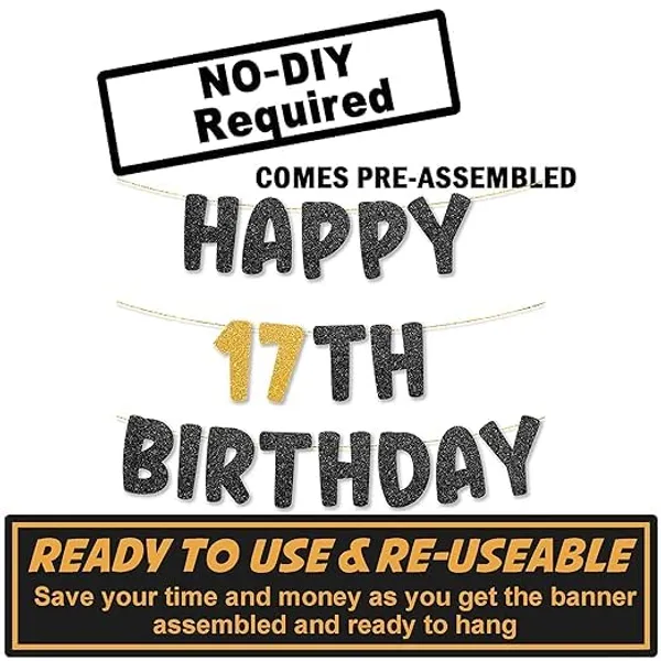 Black_Happy_17Th_Birthday_Banner_|_Black_&_Gold_Glitter_Birthday_Garland_|_Suitable_For_Girls_And_Boys_|_8_Feet_Pre-Assembled_Party_Banner_No_Diy_|_Party_Decoration